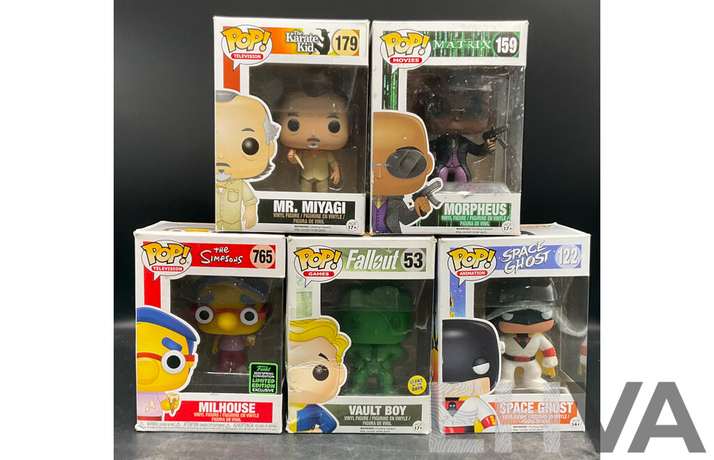 Collection of 5 Funko Pops Collectable Vinyl Figures From the Simpsons, the Karate Kid, Matrix, Fallout and Space Ghost - Lot of 5