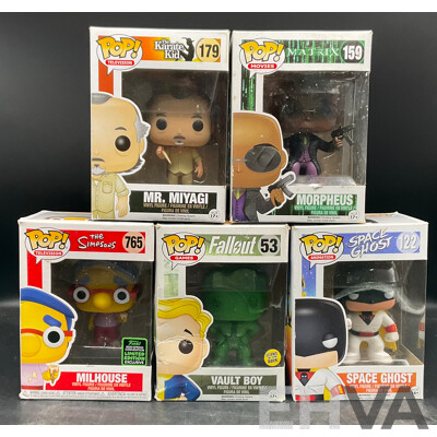 Collection of 5 Funko Pops Collectable Vinyl Figures From the Simpsons, the Karate Kid, Matrix, Fallout and Space Ghost - Lot of 5