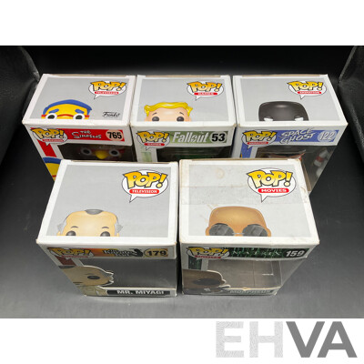 Collection of 5 Funko Pops Collectable Vinyl Figures From the Simpsons, the Karate Kid, Matrix, Fallout and Space Ghost - Lot of 5