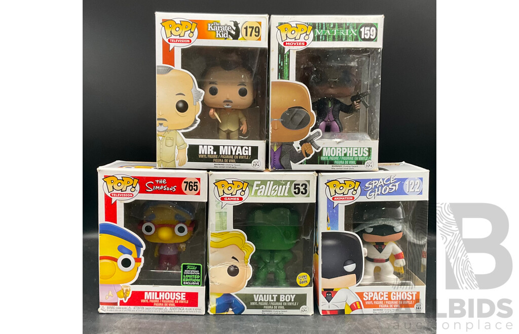 Collection of 5 Funko Pops Collectable Vinyl Figures From the Simpsons, the Karate Kid, Matrix, Fallout and Space Ghost - Lot of 5