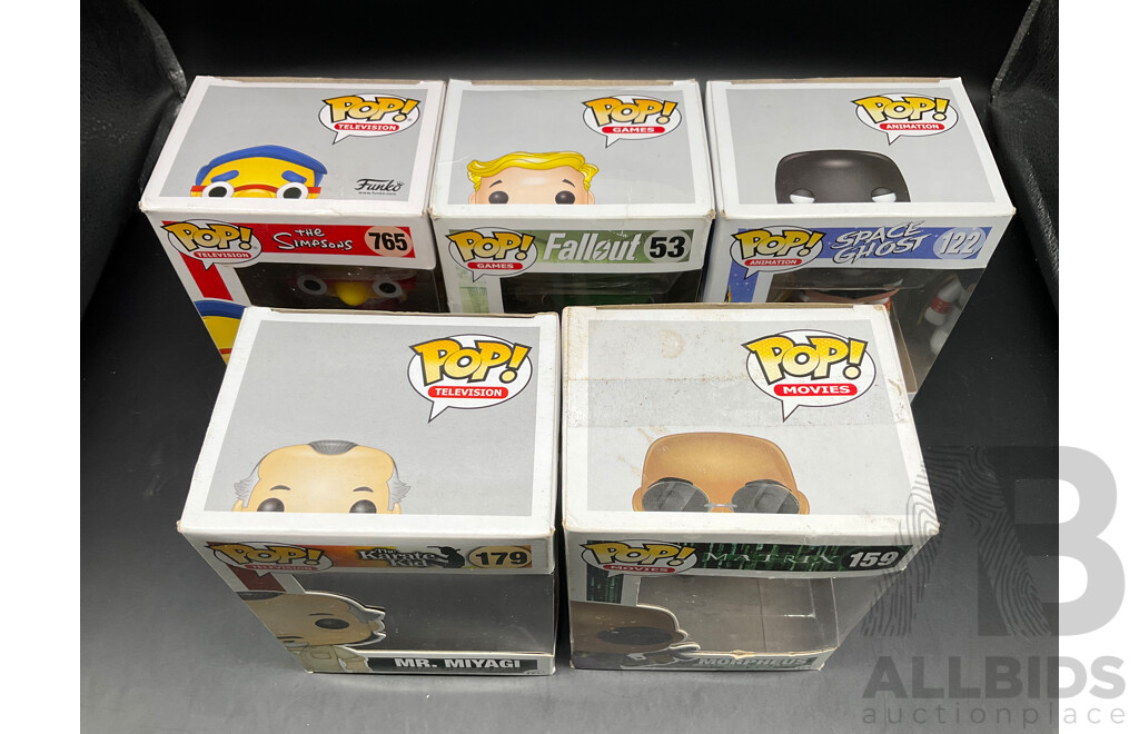 Collection of 5 Funko Pops Collectable Vinyl Figures From the Simpsons, the Karate Kid, Matrix, Fallout and Space Ghost - Lot of 5