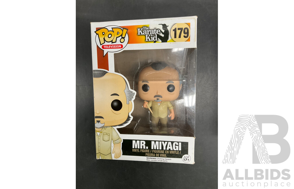 Collection of 5 Funko Pops Collectable Vinyl Figures From the Simpsons, the Karate Kid, Matrix, Fallout and Space Ghost - Lot of 5