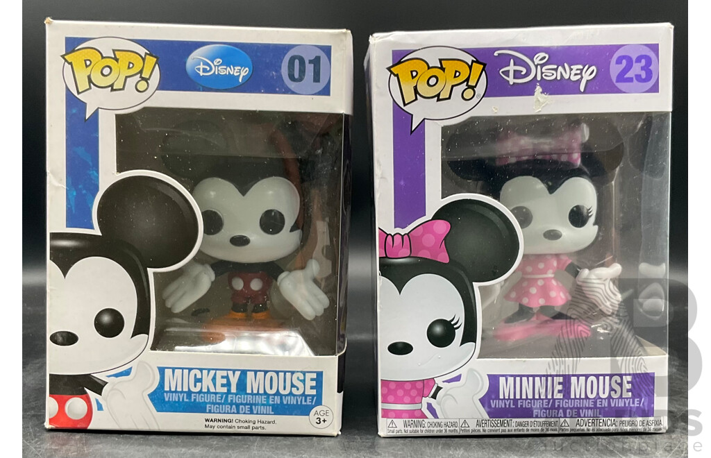 Collection of 2 Funko Pops Collectable Vinyl Figures From DISNEY - Mickey Mouse 01 and Minnie Mouse 23 - Lot of 2