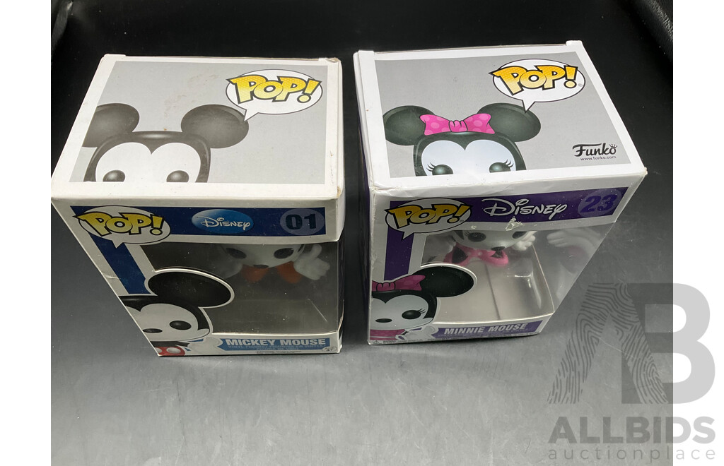 Collection of 2 Funko Pops Collectable Vinyl Figures From DISNEY - Mickey Mouse 01 and Minnie Mouse 23 - Lot of 2