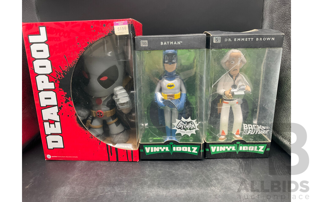 Collection of 3 Collectable Vinyl Figures - DEADPOOL Super Delux, 2x Funko Figures of Baman and DR. Emmett Brown - Lot of 3