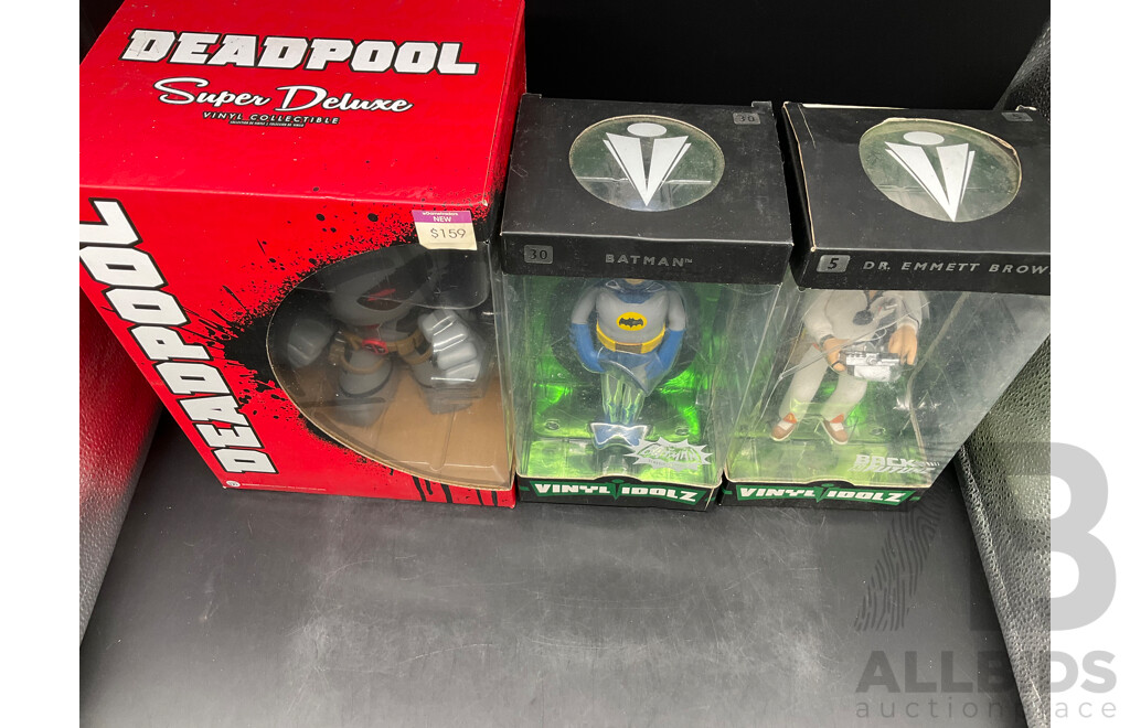 Collection of 3 Collectable Vinyl Figures - DEADPOOL Super Delux, 2x Funko Figures of Baman and DR. Emmett Brown - Lot of 3