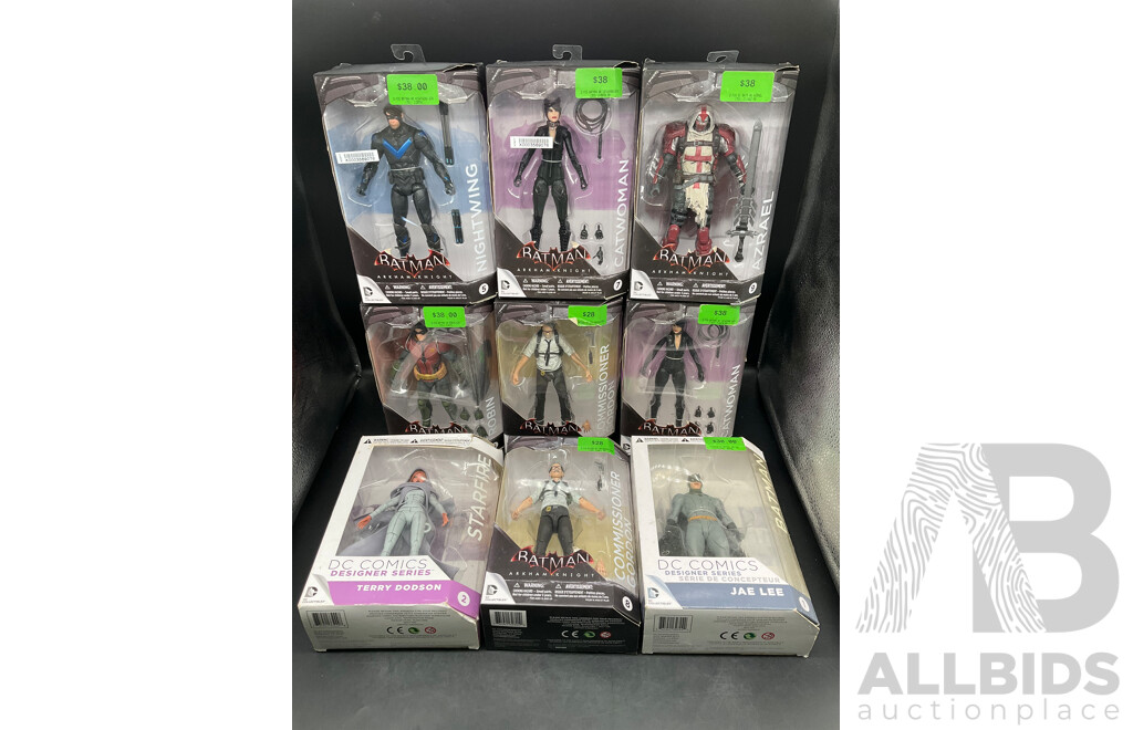Collection of 7 Arkham Knight Action Figures and 2 of DC Comis Designer Series - Lot of 9