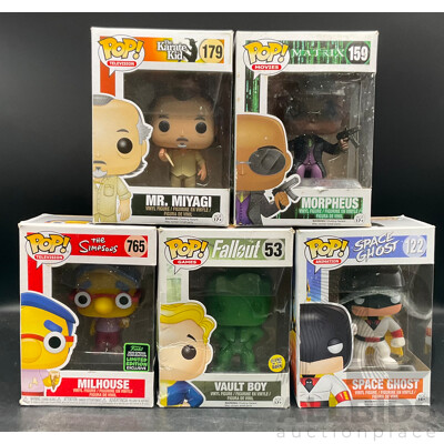 Collection of 5 Funko Pops Collectable Vinyl Figures From the Simpsons, the Karate Kid, Matrix, Fallout and Space Ghost - Lot of 5