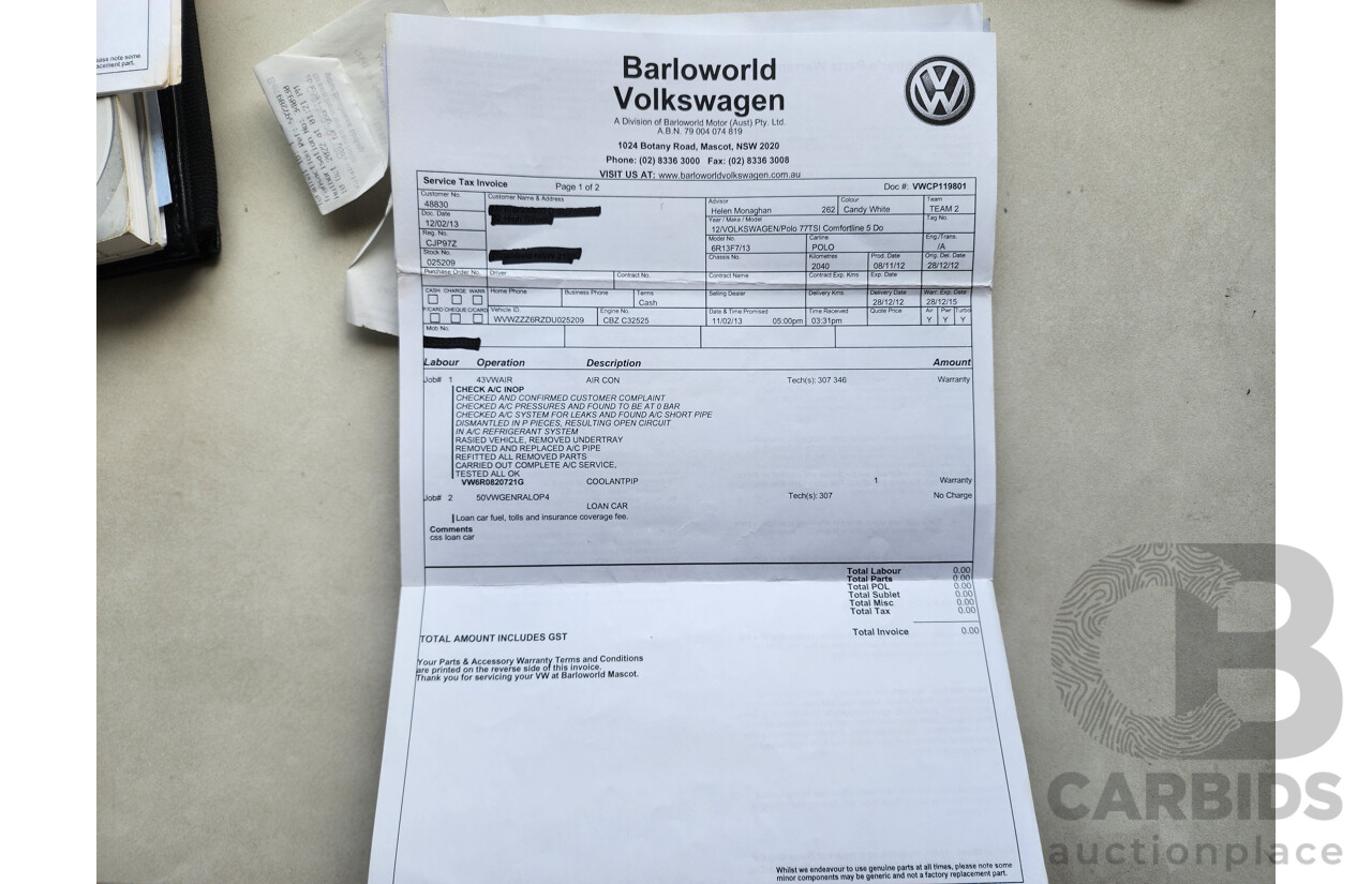 12/2012 Volkswagen Polo 77 TSI Comfortline 6R MY12 5d Hatchback White 1.2L