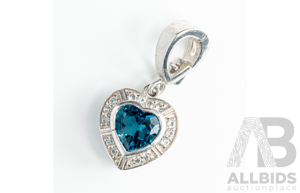 NEW - Rhodium Plated Sterling Silver London Blue Topaz & White Sapphire Enhancer Pendant, 27mm, 3.69 Grams