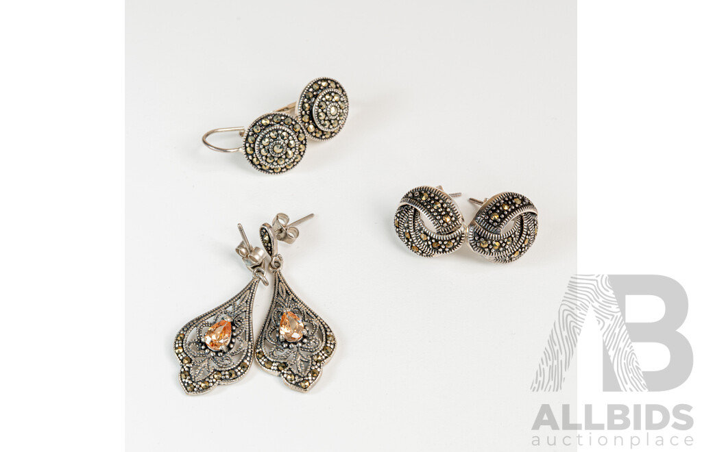NEW - Sterling Silver Marcasite and CZ Stud & Drop Stud Earrings, 11.11 Grams