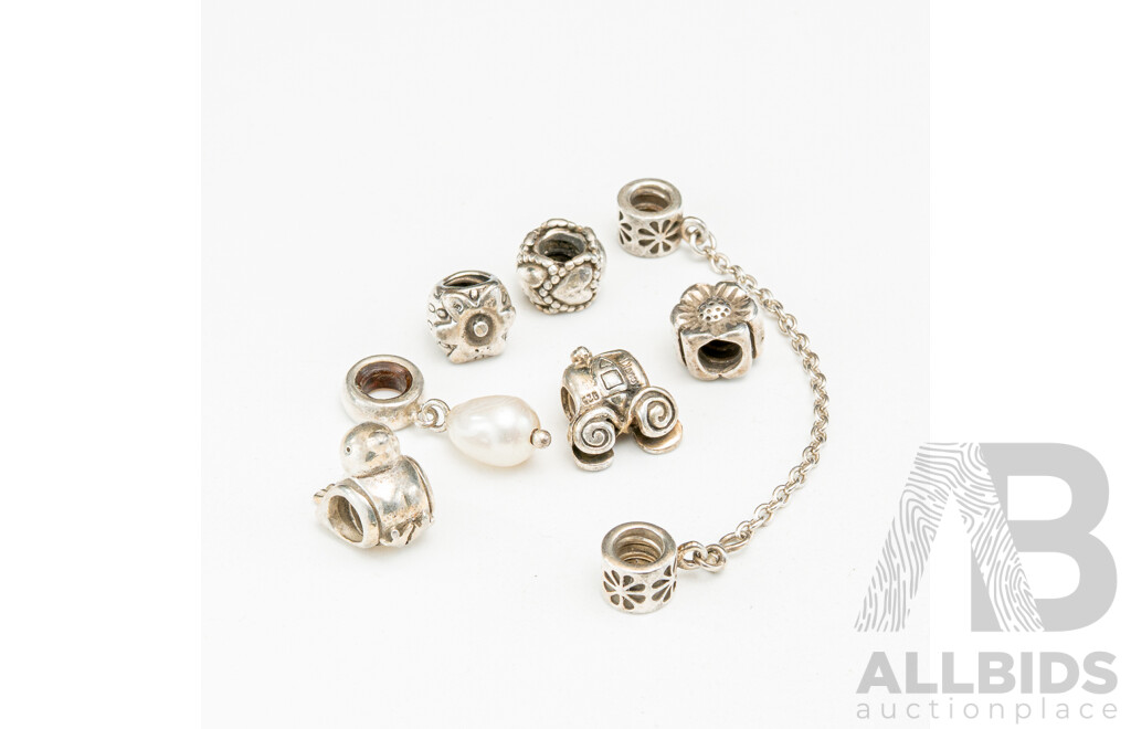 Pandora Moments (7) Sterling Silver Charm Collection Including Safety Chain Charms, 20.76 Grams