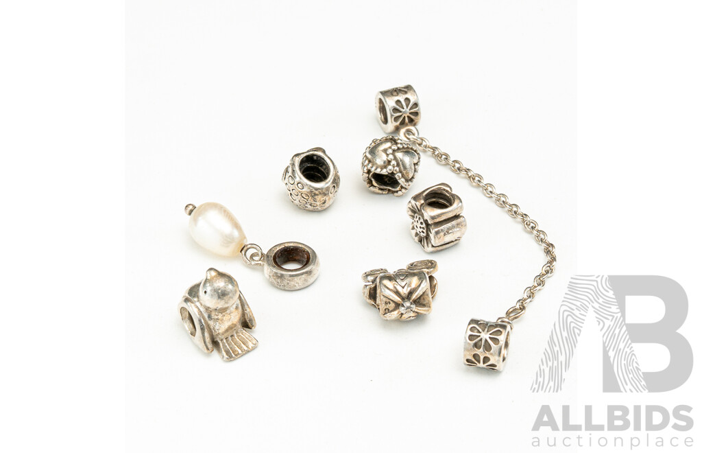 Pandora Moments (7) Sterling Silver Charm Collection Including Safety Chain Charms, 20.76 Grams