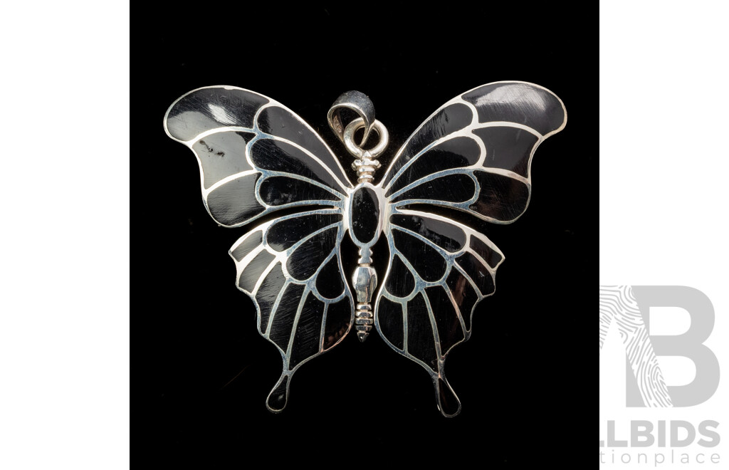 NEW - Large Sterling Silver Butterfly Pendant with Inlaid Onyx, 50mm, 17.64 Grams