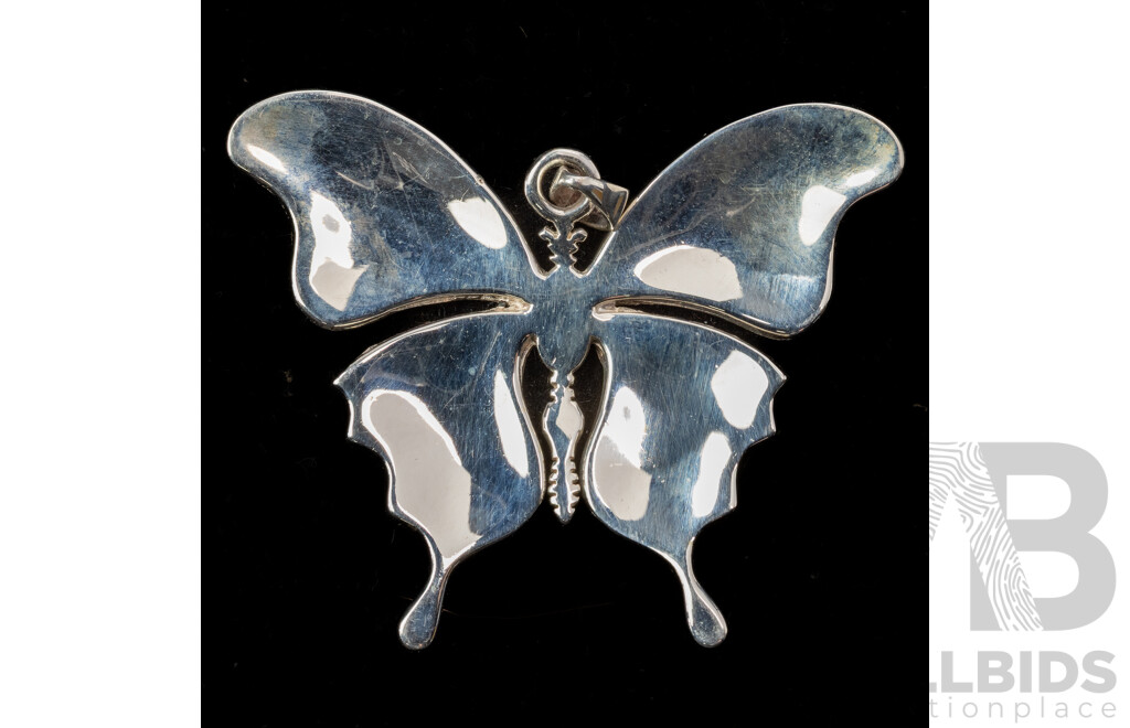 NEW - Large Sterling Silver Butterfly Pendant with Inlaid Onyx, 50mm, 17.64 Grams