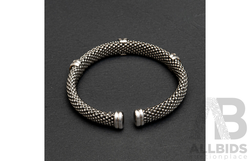 NEW - Italian Sterling Silver Diamond Set Mesh Open Cuff Bangle, TDW0.15ct, 55mm, 19.65 Grams