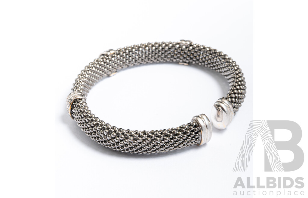 NEW - Italian Sterling Silver Diamond Set Mesh Open Cuff Bangle, TDW0.15ct, 55mm, 19.65 Grams