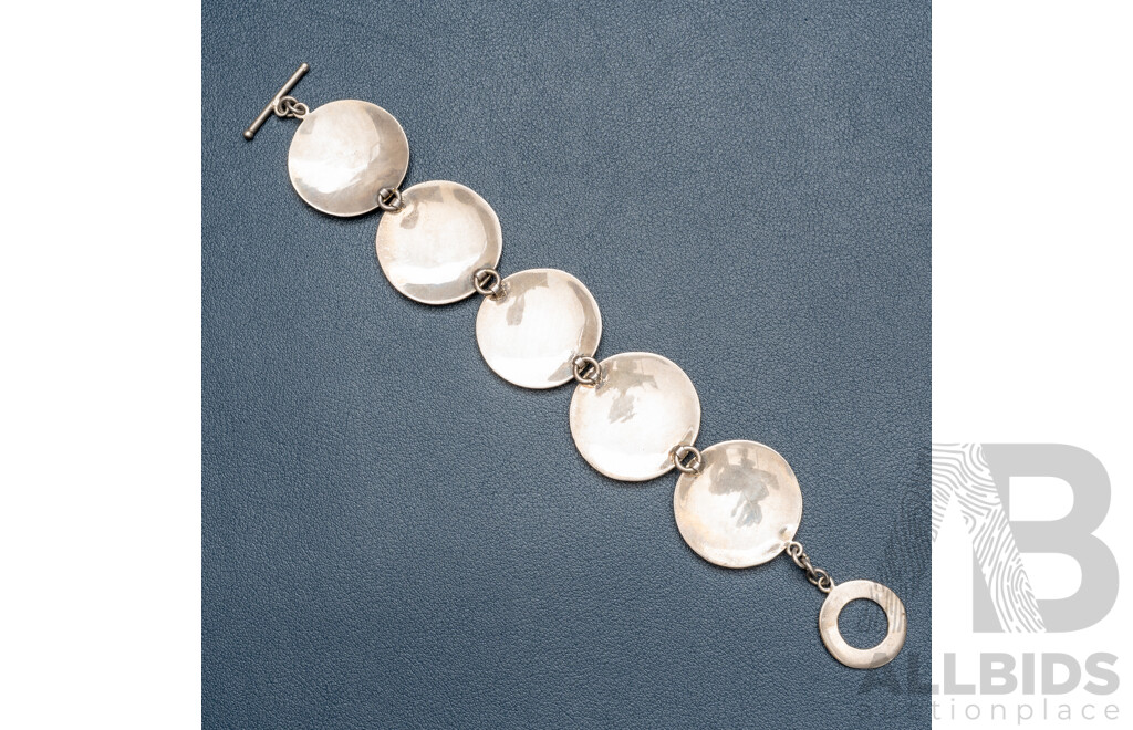 NEW - Mexican Sterling Silver Ironclay Leopard Print Disc Bracelet with T-Bar, 20cm, 33.11 Grams