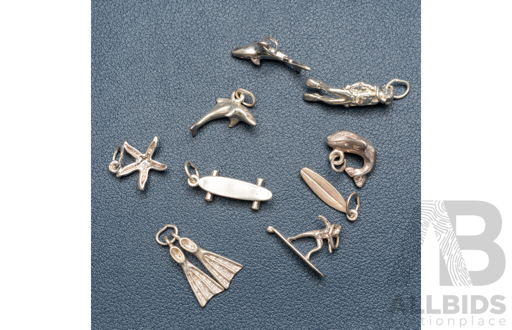 NEW - (9) Sterling Silver Watersport/Summer Beach Days Themed Charms, 16.65 Grams