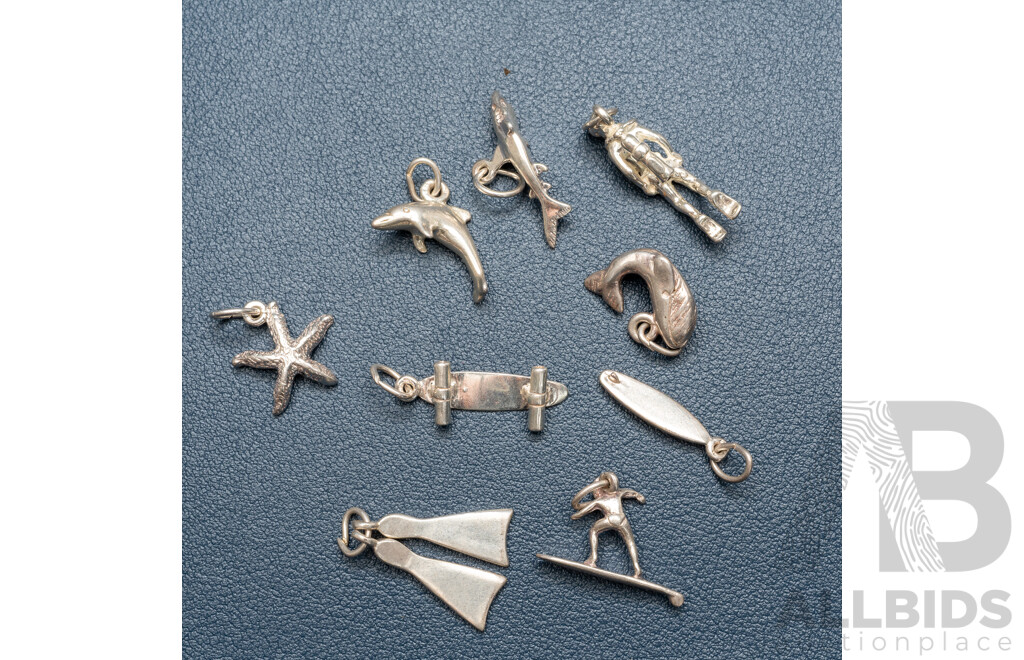 NEW - (9) Sterling Silver Watersport/Summer Beach Days Themed Charms, 16.65 Grams