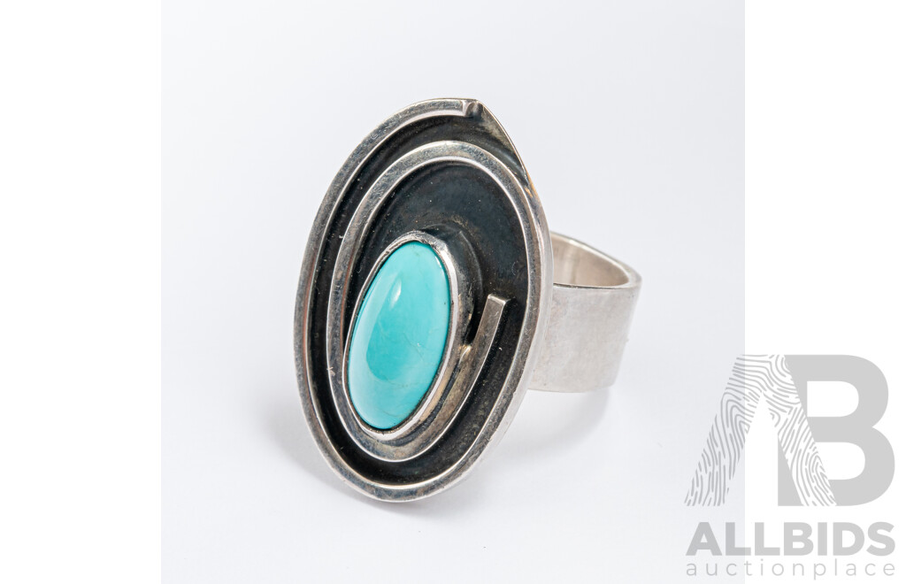 NEW - Mexican Sterling Silver Turquoise Cabochon Ring, Hallmarked DDD, Size O, 11.60 Grams