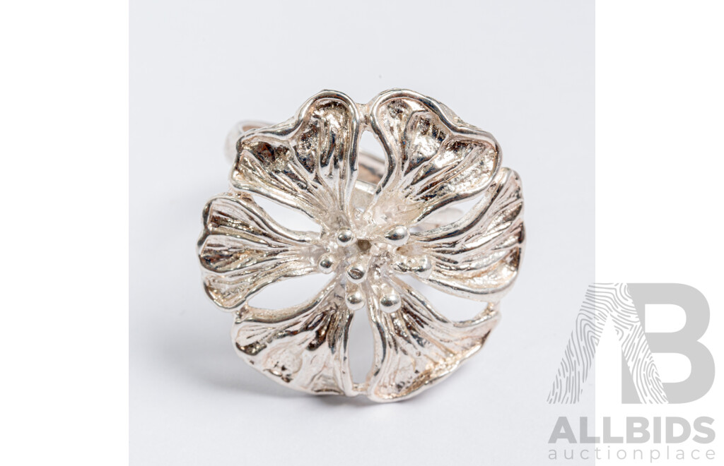 NEW - Sterling Silver Hibiscus Flower Ring, Mexican, Adjustable - Size S, 8.25 Grams