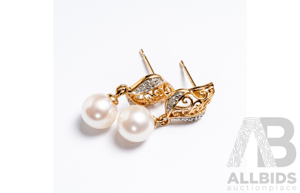 NEW - 9ct Diamond Set Cultured Pearl Drop Stud Earrings, 20mm, 2.08 Grams