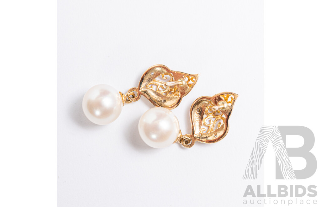 NEW - 9ct Diamond Set Cultured Pearl Drop Stud Earrings, 20mm, 2.08 Grams