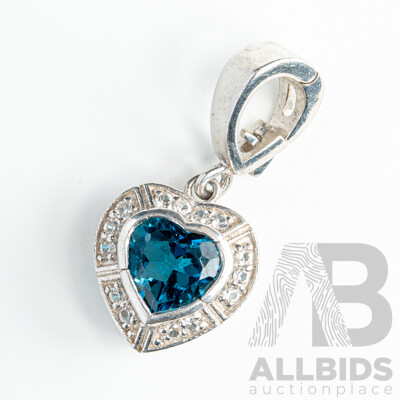 NEW - Rhodium Plated Sterling Silver London Blue Topaz & White Sapphire Enhancer Pendant, 27mm, 3.69 Grams