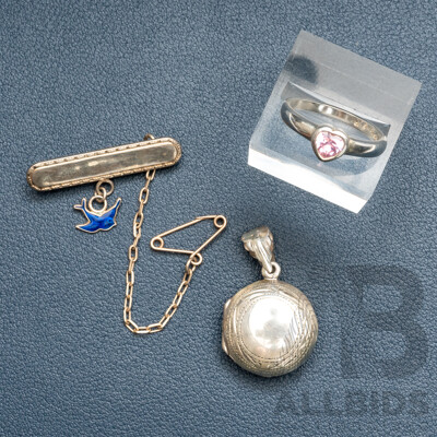 NEW - Sterling Silver Bluebird Baby Name Plate Brooch, Pink CZ Heart Ring & Round Locket, 11.14 Grams