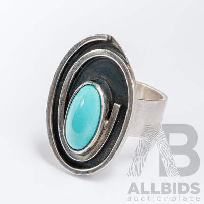 NEW - Mexican Sterling Silver Turquoise Cabochon Ring, Hallmarked DDD, Size O, 11.60 Grams