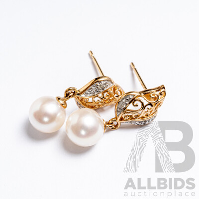 NEW - 9ct Diamond Set Cultured Pearl Drop Stud Earrings, 20mm, 2.08 Grams