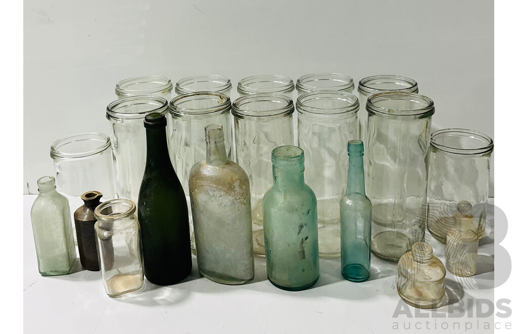 Collection of Vintage Glass Bottle and Jars Including Several Fowler Jars