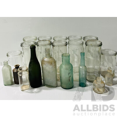 Collection of Vintage Glass Bottle and Jars Including Several Fowler Jars
