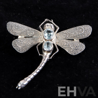 Vintage Carved Wooden Jewel Box with Sterling Silver Topaz Dragonfly Brooch & Other Assortment of Vintage Jewellery Items