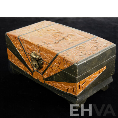 Vintage Carved Wooden Jewel Box with Sterling Silver Topaz Dragonfly Brooch & Other Assortment of Vintage Jewellery Items