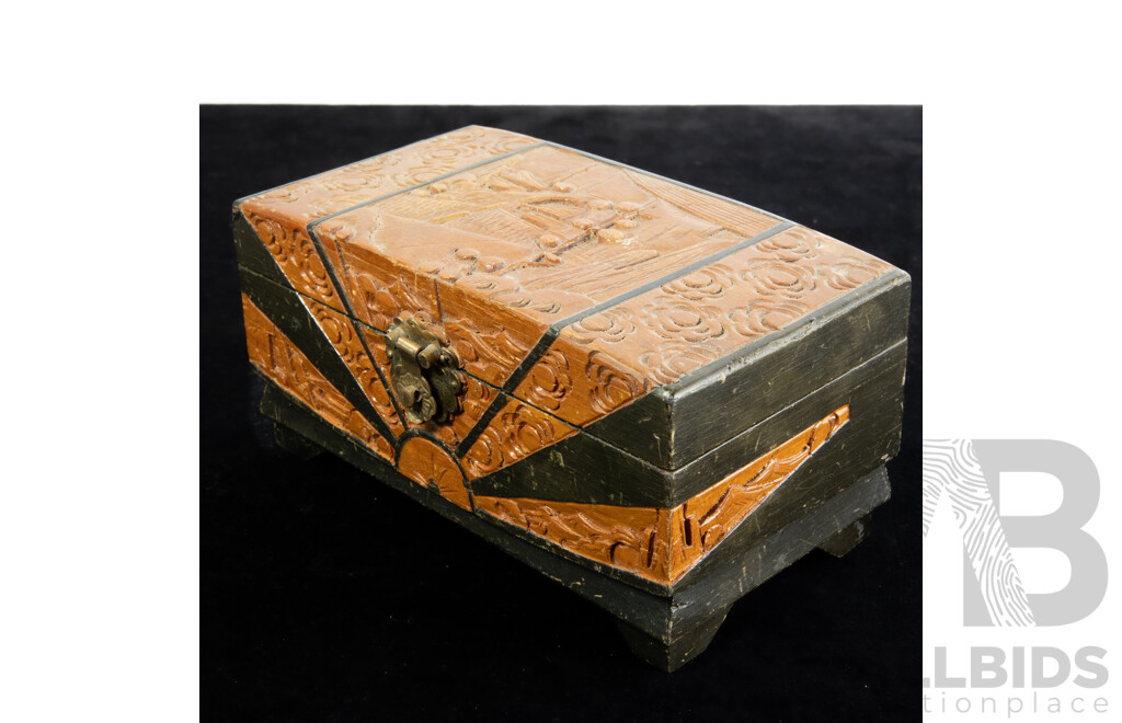Vintage Carved Wooden Jewel Box with Sterling Silver Topaz Dragonfly Brooch & Other Assortment of Vintage Jewellery Items