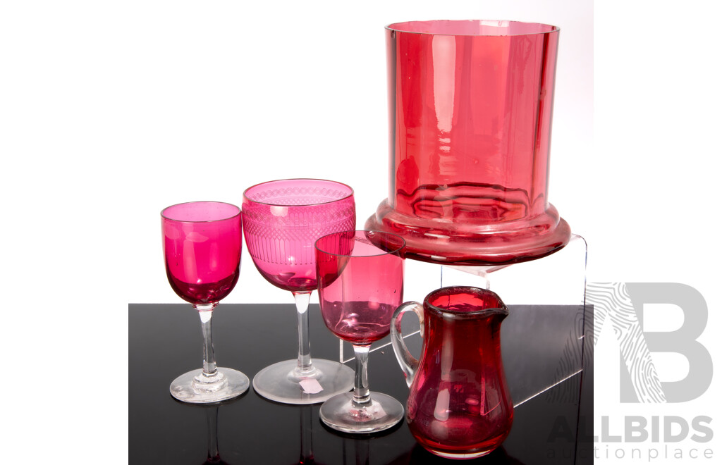 5 Various Cranberry Glass Items