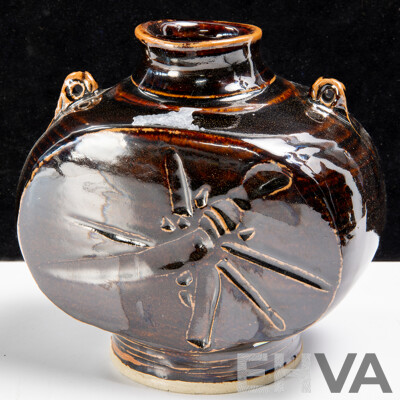 Stoneware Flask With Flattened Sides