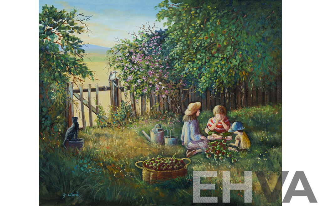 Gill Ward, (20th Century, British-Australian, 1946-) The Apple Pickers, Oil on Canvas Board, 72 x 82 cm (frame)
