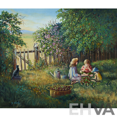 Gill Ward, (20th Century, British-Australian, 1946-) The Apple Pickers, Oil on Canvas Board, 72 x 82 cm (frame)
