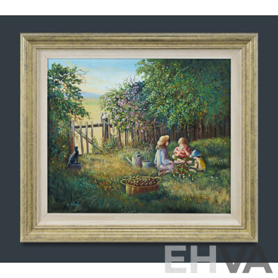 Gill Ward, (20th Century, British-Australian, 1946-) The Apple Pickers, Oil on Canvas Board, 72 x 82 cm (frame)