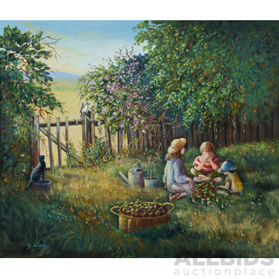 Gill Ward, (20th Century, British-Australian, 1946-) The Apple Pickers, Oil on Canvas Board, 72 x 82 cm (frame)