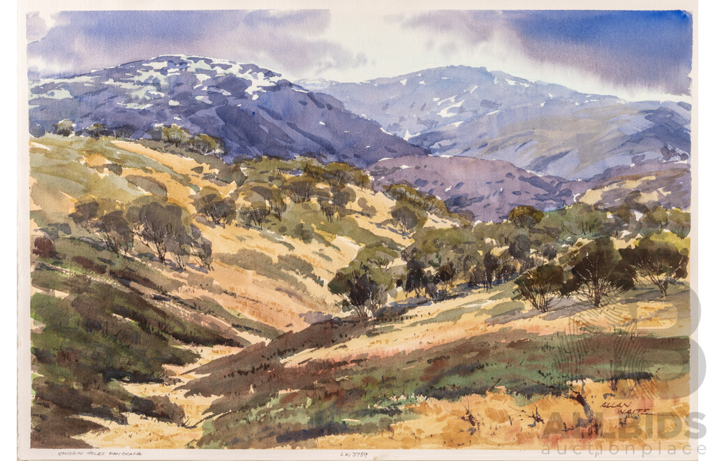 Allan Waite, (20th Century, Australian, 1924-2010), Country (Jindabyne Snowy), Folder of Approx. 35 of Artist's Works Related to Jindabyne Snowy Mountains and More, Wonderful Original Watercolours on Card, 38 x 56 cm (sheets)