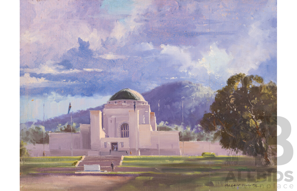 Allan Waite, (20th Century, Australian, 1924-2010), Canberra War Memorial, Original Oil on Canvas Mounted to Board, 46 x 61 cm (edge to edge)