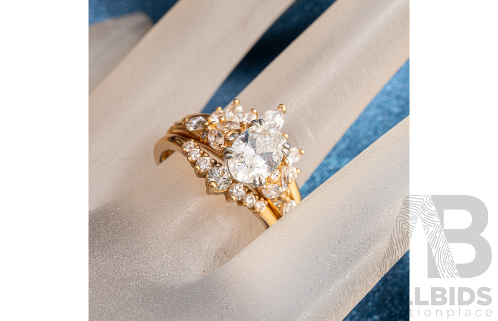 18ct Diamond Solitaire (1.04ct) Engagement Ring with Fitted Tiara Style Wedding & Eternity Rings, TDW2.30ct, Size L-M, 8.94 Grams