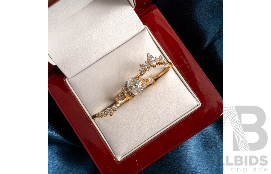 18ct Diamond Solitaire (1.04ct) Engagement Ring with Fitted Tiara Style Wedding & Eternity Rings, TDW2.30ct, Size L-M, 8.94 Grams