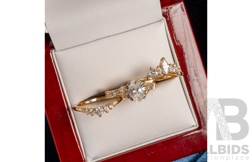 18ct Diamond Solitaire (1.04ct) Engagement Ring with Fitted Tiara Style Wedding & Eternity Rings, TDW2.30ct, Size L-M, 8.94 Grams