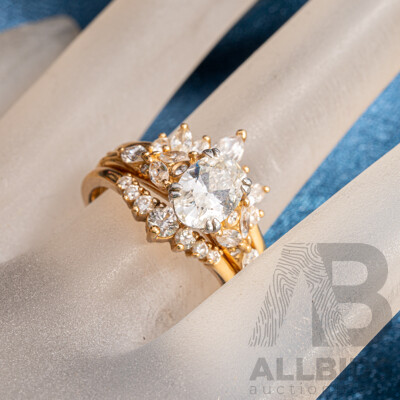 18ct Diamond Solitaire (1.04ct) Engagement Ring with Fitted Tiara Style Wedding & Eternity Rings, TDW2.30ct, Size L-M, 8.94 Grams