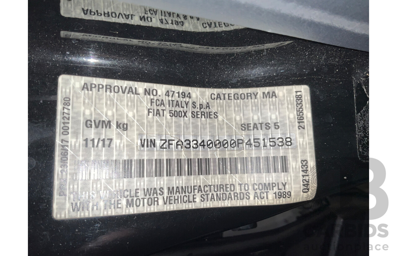 11/2017 Fiat 500X Cross Plus (AWD) 4d Wagon Solid Black Turbo 1.4L